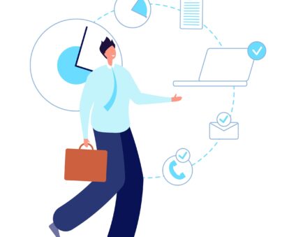 Multitask working man. Executive entrepreneur, smart skill businessman. Self time planning manager, productive employee vector illustration Multitask working man. Executive entrepreneur, smart skill businessman. Self time planning manager, productive employee vector illustration. Productivity guy workaholic, businessman smart overworked